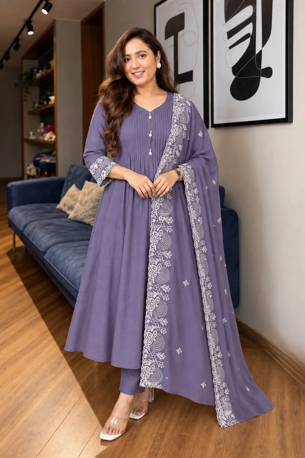 Mul Chanderi Reva Anarkali Suit Set